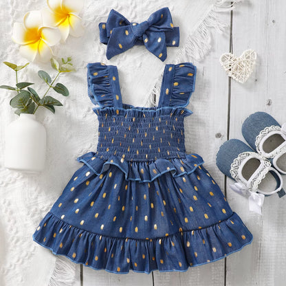 Golden Bloom – Baby Girl Blue Slip Dress with Gold Dots and Matching Headband Set